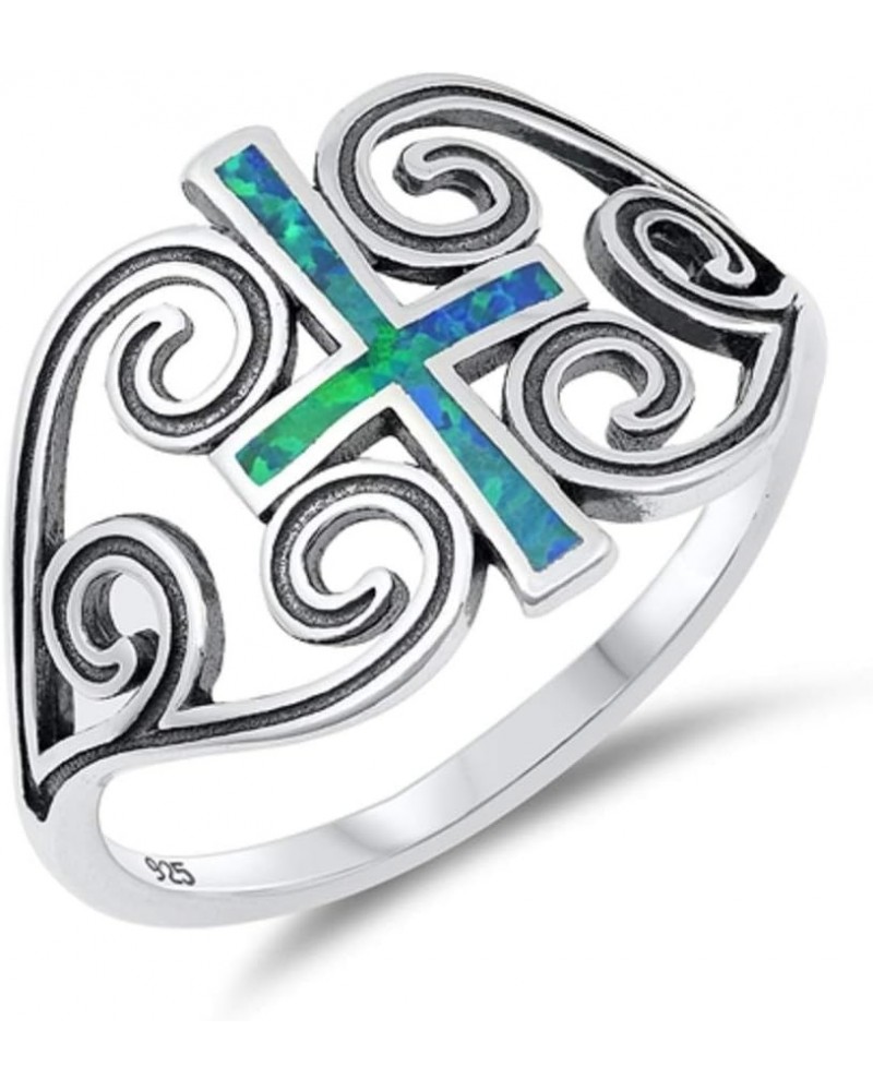 Blue Simulated Opal Cross Swirl Heart Sides Ring Sterling Silver Blue Simulated Opal $19.86 Rings