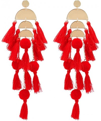 Long Tassel Earrings Statement Bohemian Pom Ball Handmade Drop Dangle Earrings for Women Girls A-Long Tassel-Red $4.76 Earrings