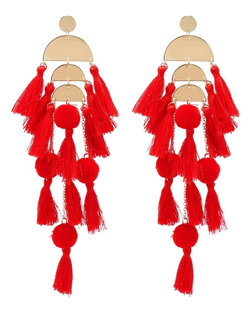 Long Tassel Earrings Statement Bohemian Pom Ball Handmade Drop Dangle Earrings for Women Girls A-Long Tassel-Red $4.76 Earrings