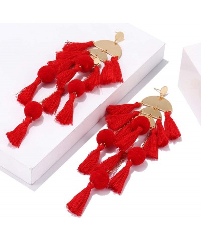 Long Tassel Earrings Statement Bohemian Pom Ball Handmade Drop Dangle Earrings for Women Girls A-Long Tassel-Red $4.76 Earrings