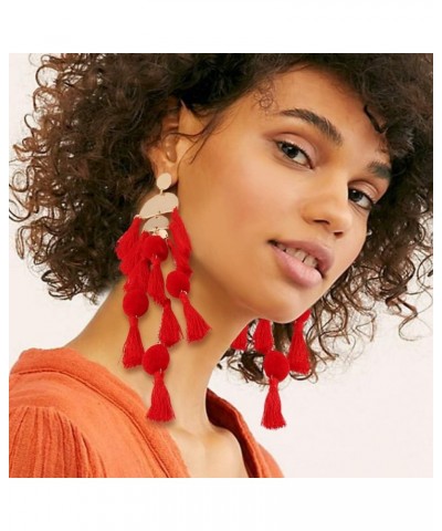 Long Tassel Earrings Statement Bohemian Pom Ball Handmade Drop Dangle Earrings for Women Girls A-Long Tassel-Red $4.76 Earrings