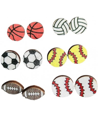 6 Pairs Sport Stud Earrings Cute Basketball Volleyball Baseball Football Rugby Lightweight Wooden Sport Earrings for Women Gi...