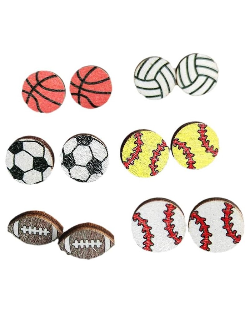 6 Pairs Sport Stud Earrings Cute Basketball Volleyball Baseball Football Rugby Lightweight Wooden Sport Earrings for Women Gi...