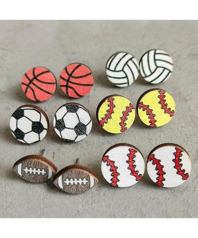 6 Pairs Sport Stud Earrings Cute Basketball Volleyball Baseball Football Rugby Lightweight Wooden Sport Earrings for Women Gi...