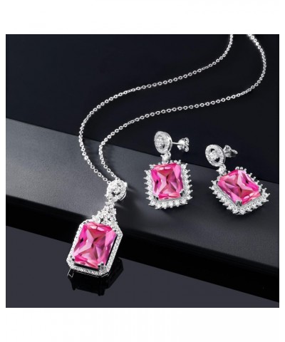 925 Sterling Silver Pink Created Sapphire Pendant and Earrings Jewelry Set For Women (31.10 Cttw, Octagon 14X10MM, Gemstone, ...