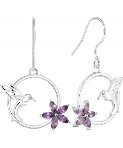 925 Sterling Silver Hummingbird Hook Earrings with Birthstone Flowers Jewelry Gift for Women 02-amethyst-Feb $38.07 Earrings