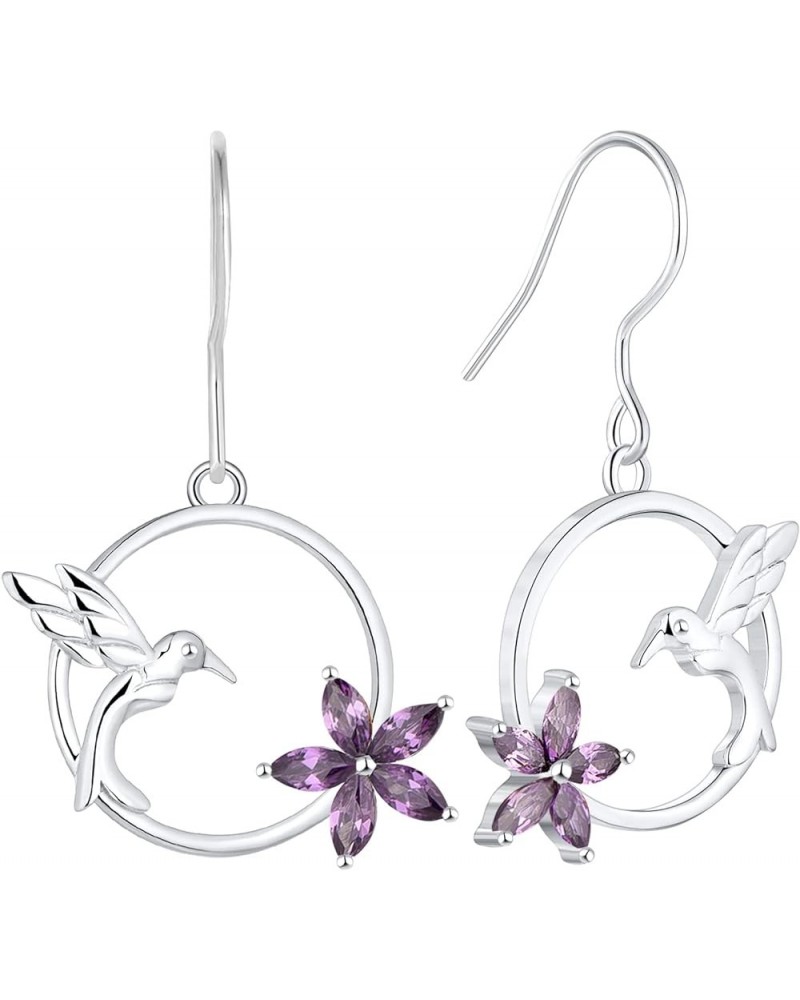 925 Sterling Silver Hummingbird Hook Earrings with Birthstone Flowers Jewelry Gift for Women 02-amethyst-Feb $38.07 Earrings