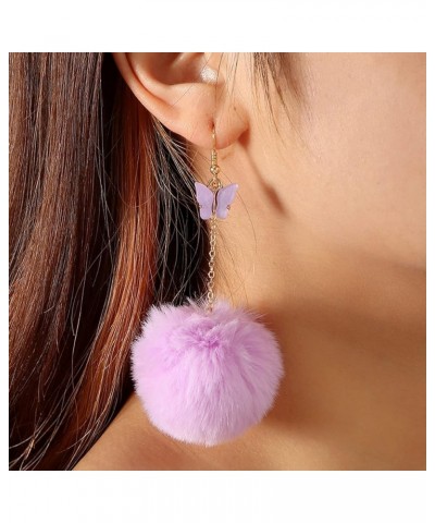 Pom Pom Earrings for Women Butterfly Pom Pom Pendant Earrings Luxry Faux Fur Ball Dangle Earrings Cute Plush Ball Earrings Ho...