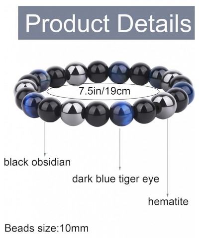 2Pcs 10mm Black Obsidian Hematite Triple Protection Beaded Bracelet Crystal Healing Stone Bracelet for Men Protection Luck Br...