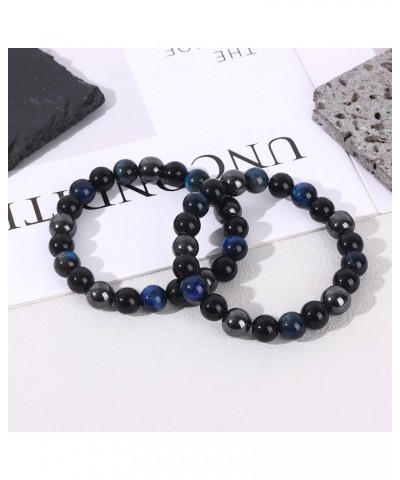 2Pcs 10mm Black Obsidian Hematite Triple Protection Beaded Bracelet Crystal Healing Stone Bracelet for Men Protection Luck Br...