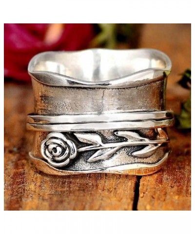 Vintage Wide Face Rose Flowers Pattern Spinner Ring for Women, Fidget Rings Gift For Her,Boho Ring Jewelry Gift, Antique Silv...