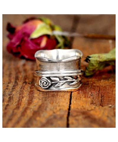 Vintage Wide Face Rose Flowers Pattern Spinner Ring for Women, Fidget Rings Gift For Her,Boho Ring Jewelry Gift, Antique Silv...