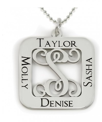 Square Cut Sterling Silver Script Initial and Name Pendant Necklace. Personalized Center Monogram and Names. Choice of Chains...