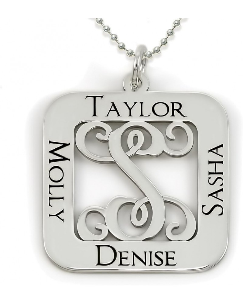 Square Cut Sterling Silver Script Initial and Name Pendant Necklace. Personalized Center Monogram and Names. Choice of Chains...