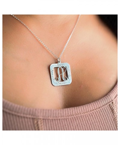 Square Cut Sterling Silver Script Initial and Name Pendant Necklace. Personalized Center Monogram and Names. Choice of Chains...