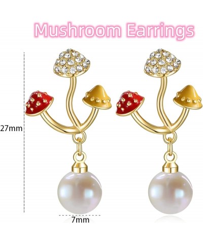 Mushroom Earrings 14K Gold Cute Mushroom Pearl Drop Dangle Earrings for Women Girls Unique Y2K Fun Jewelry Gifts Mushroom Ear...