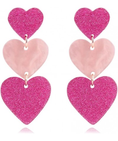 Pink Heart Dangle Earrings for Women Girls, Vibrant Pink Party Earrings Cute Acrylic Love Heart Stud Earrings Valentine's Day...