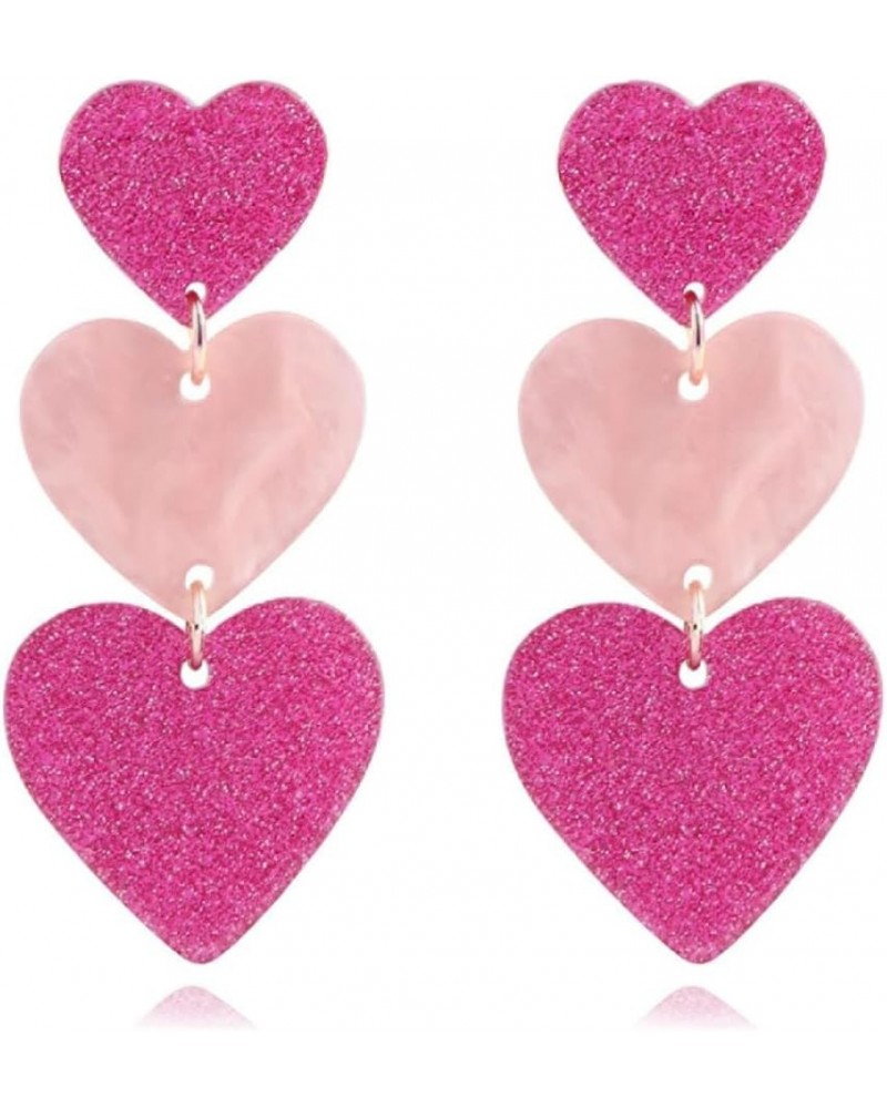 Pink Heart Dangle Earrings for Women Girls, Vibrant Pink Party Earrings Cute Acrylic Love Heart Stud Earrings Valentine's Day...