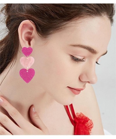 Pink Heart Dangle Earrings for Women Girls, Vibrant Pink Party Earrings Cute Acrylic Love Heart Stud Earrings Valentine's Day...