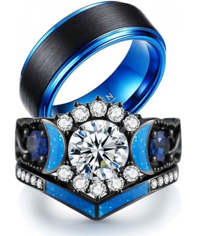 Couple Rings Black Matching Ring 1.5ct CZ Women Wedding Ring Sets for Him and Her Ring Sets Moon Ring Blue women size7 & men ...