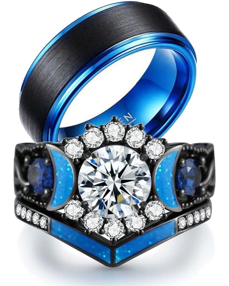 Couple Rings Black Matching Ring 1.5ct CZ Women Wedding Ring Sets for Him and Her Ring Sets Moon Ring Blue women size7 & men ...