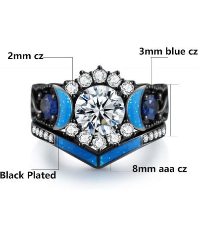 Couple Rings Black Matching Ring 1.5ct CZ Women Wedding Ring Sets for Him and Her Ring Sets Moon Ring Blue women size7 & men ...