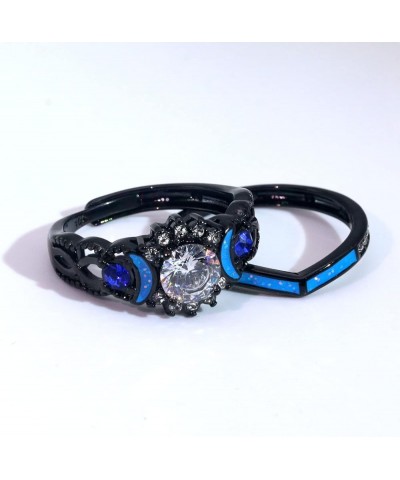 Couple Rings Black Matching Ring 1.5ct CZ Women Wedding Ring Sets for Him and Her Ring Sets Moon Ring Blue women size7 & men ...