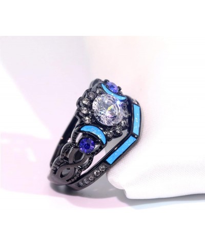 Couple Rings Black Matching Ring 1.5ct CZ Women Wedding Ring Sets for Him and Her Ring Sets Moon Ring Blue women size7 & men ...