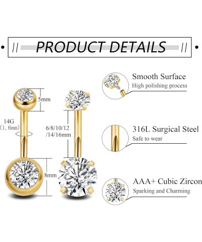 2PCS 14G Surgical Steel Belly Button Rings for Women Girls Round CZ Navel Ring Long Belly Rings Belly Piercing Jewelry 6-16MM...