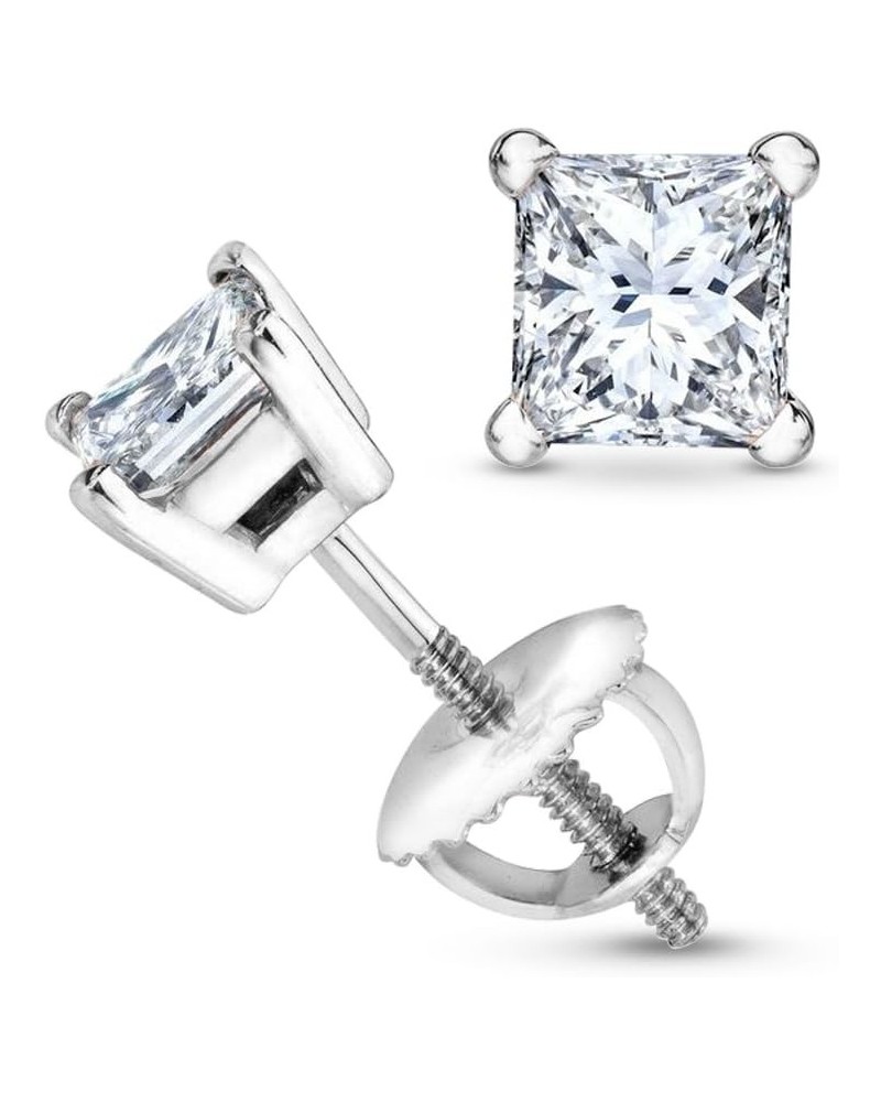 1/2-2 Carat Total Weight Princess Diamond Stud Earrings 4 Prong Screw Back (I-J Color I1-I2 Clarity) 0.5 Carat 14K White Gold...