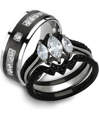 His and Her 4 Piece Black and Silver Stainless Steel and Titanium Wedding Ring Band Set Size Women's 11 Men's 13 $27.42 Sets