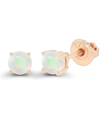 14K Gold Plated 925 Sterling Silver Hypoallergenic 4mm Round Genuine Birthstone Solitaire Screwback Stud Earrings Opal Genuin...