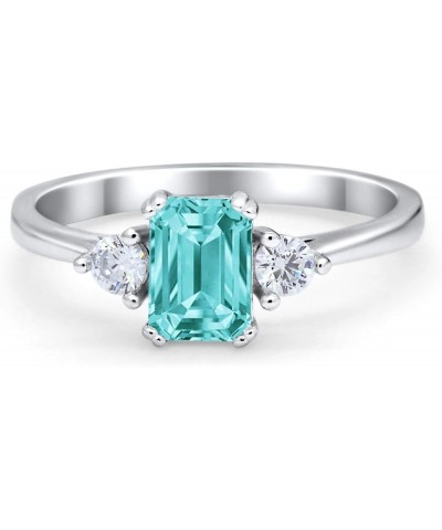 Three Stone Emerald Cut Wedding Engagement Bridal Ring Round Simulated Cubic Zirconia 925 Sterling Silver Simulated Paraiba T...