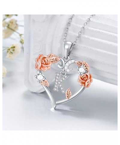 Rose Heart Necklaces Valentines Gifts for Women, 925 Sterling Silver Rose Love Heart Initial Letter Pendant Necklace Jewelry ...