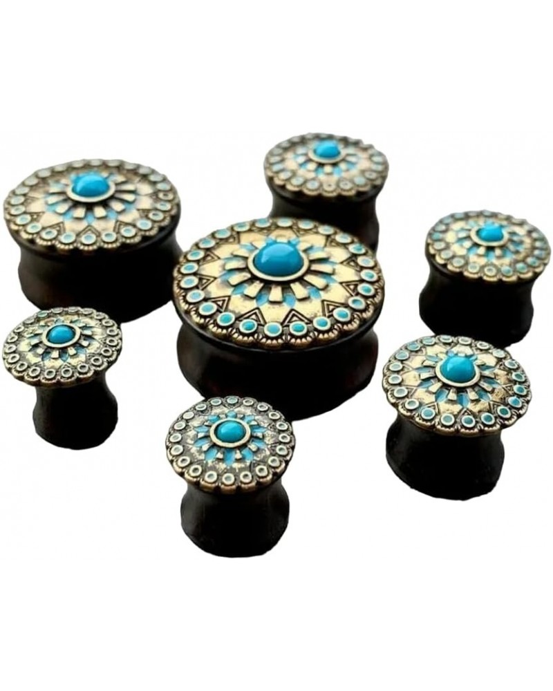 PAIR of Turquoise Enamel Antique Gold Tribal Sun Ebony Wood Plugs - Gauges 0g - 1" (25mm) 1" (25mm) $18.65 Body Jewelry