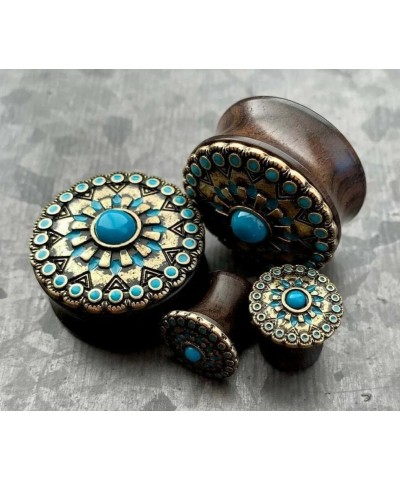 PAIR of Turquoise Enamel Antique Gold Tribal Sun Ebony Wood Plugs - Gauges 0g - 1" (25mm) 1" (25mm) $18.65 Body Jewelry