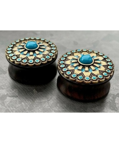 PAIR of Turquoise Enamel Antique Gold Tribal Sun Ebony Wood Plugs - Gauges 0g - 1" (25mm) 1" (25mm) $18.65 Body Jewelry