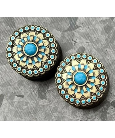 PAIR of Turquoise Enamel Antique Gold Tribal Sun Ebony Wood Plugs - Gauges 0g - 1" (25mm) 1" (25mm) $18.65 Body Jewelry