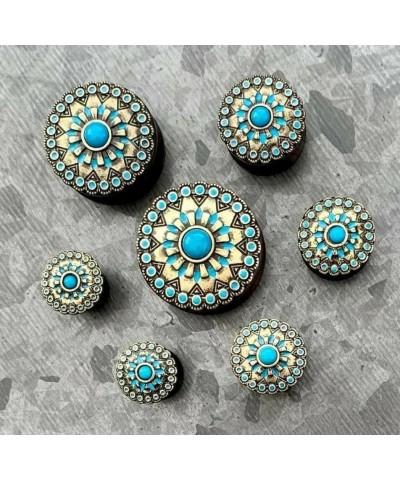 PAIR of Turquoise Enamel Antique Gold Tribal Sun Ebony Wood Plugs - Gauges 0g - 1" (25mm) 1" (25mm) $18.65 Body Jewelry