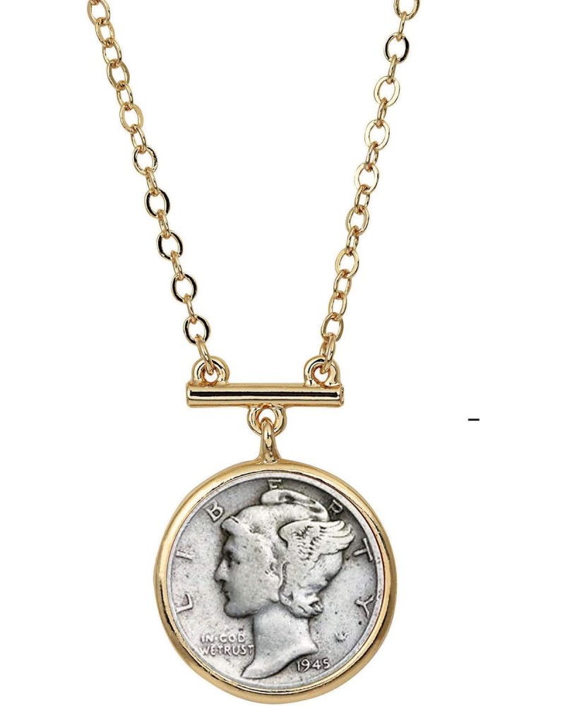 Mercury Dime Coin Pendant Bar Necklace | Goldtone Flat Cable | 18 Inch 3 Inch Extender with Lobster Claw Clasp | Certificate ...