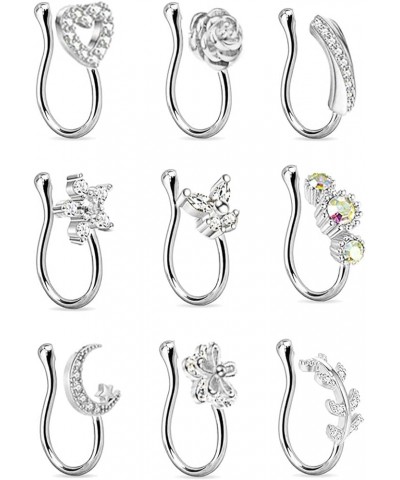 9Pcs Fake Nose Rings Hoop for Women Girls Faux Cartilage Tragus Ring Nose Cuff Non Piercing Jewelry Set Silver $8.99 Body Jew...