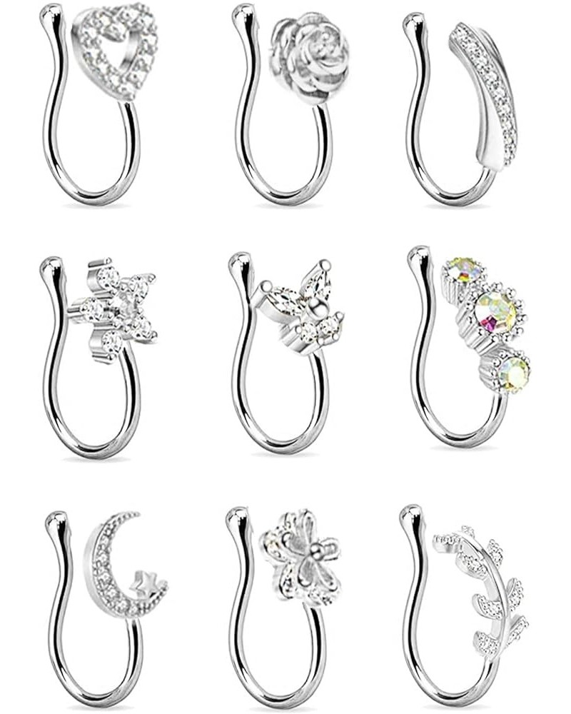 9Pcs Fake Nose Rings Hoop for Women Girls Faux Cartilage Tragus Ring Nose Cuff Non Piercing Jewelry Set Silver $8.99 Body Jew...