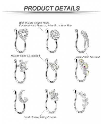 9Pcs Fake Nose Rings Hoop for Women Girls Faux Cartilage Tragus Ring Nose Cuff Non Piercing Jewelry Set Silver $8.99 Body Jew...