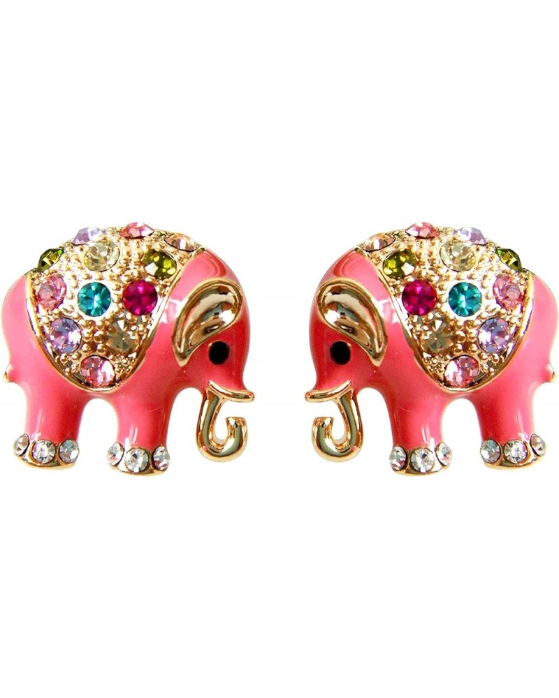 18k Gold Plated Multicolor Enamel Colorful Crystal Elephant Stud Earrings Pink $9.51 Earrings