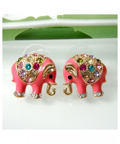 18k Gold Plated Multicolor Enamel Colorful Crystal Elephant Stud Earrings Pink $9.51 Earrings