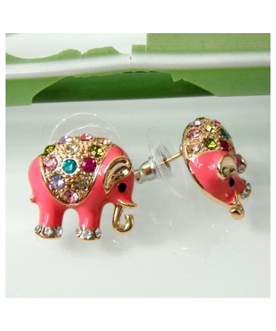 18k Gold Plated Multicolor Enamel Colorful Crystal Elephant Stud Earrings Pink $9.51 Earrings