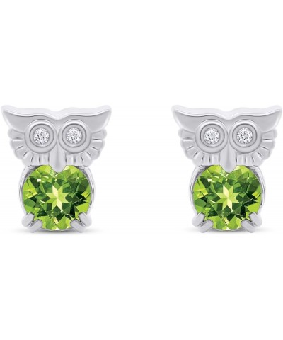 Round Cut Simulated Birthstone & White Cubic Zirconia Owl Stud Earrings With Push Back In 14k Gold Over Sterling Silver Jewel...