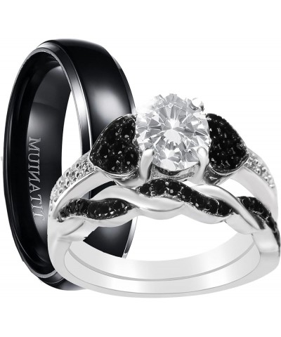 His and Hers 3 Piece Trio Sterling Silver Black Titanium Wedding Band Engagement Ring Set Her 06-His 10 $46.55 Sets