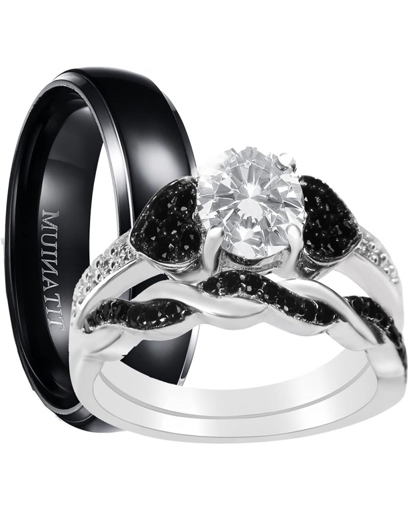 His and Hers 3 Piece Trio Sterling Silver Black Titanium Wedding Band Engagement Ring Set Her 06-His 10 $46.55 Sets