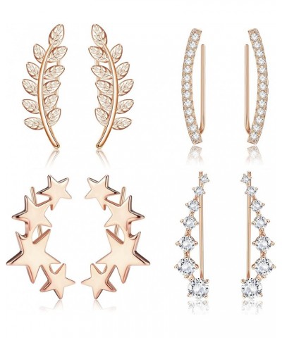 4 Pairs Crawler Earrings Ear Climbers Earrings for Women Cuff Earrings CZ Leaf Star Crawler Stud Earrings Rose Gold $10.25 Ea...